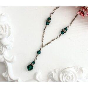 Green Beaded Figaro Chain Sterling Silver 925 Vintage Pendant Necklace - 18"